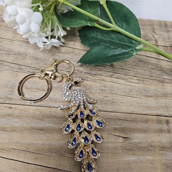 Blue and Gold Rhinestone Peacock Key Chain Bag Charm - Picture 2 of 3